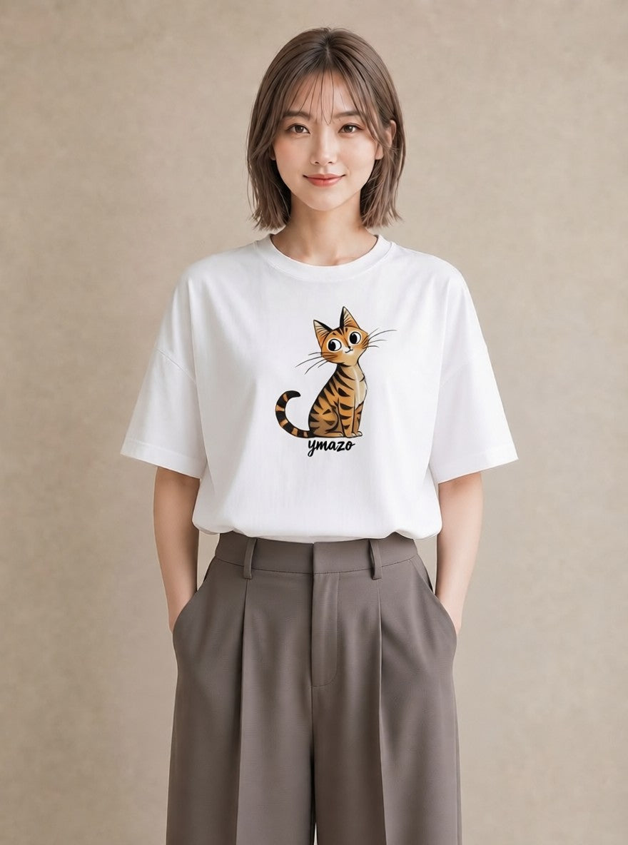 Tシャツ レディース キジトラ 猫 ねこ イラスト モード ビーチ デイリーウェア 白T YMAZO