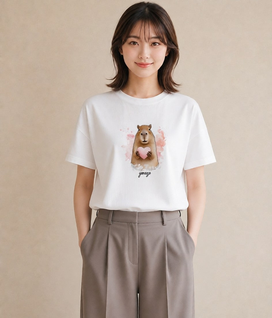 半袖Tシャツ レディース モルモット ペット 動物 イラスト 手描き風 誕生日プレゼント 綿100 白T YMAZO