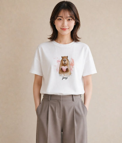半袖Tシャツ レディース モルモット ペット 動物 イラスト 手描き風 誕生日プレゼント 綿100 白T YMAZO