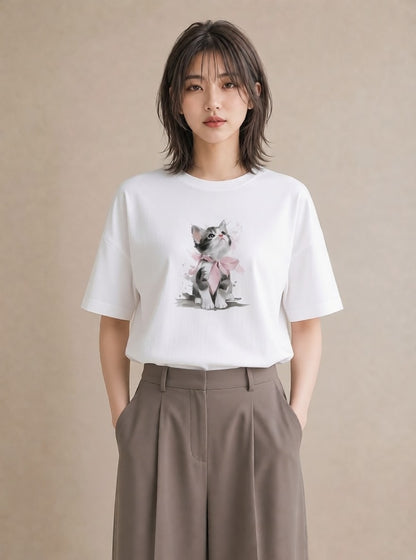 プリントTシャツ レディース 猫 ねこ イラスト 上品 秋コーデ おしゃれギフト 白T YMAZO