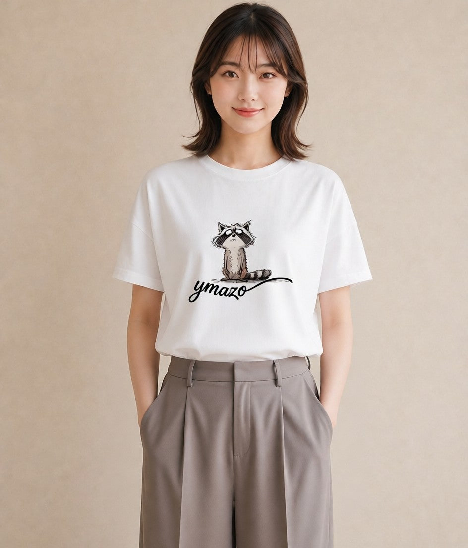 デザインTシャツ レディース たぬき 動物 アニマル イラスト シック デイリーウェア 休日 白T YMAZO