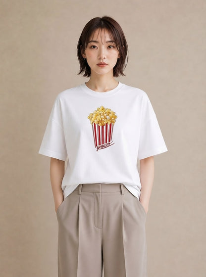 Tシャツ レディース ポップコーン 食べ物 フード イラスト 抜け感 ギフト 母の日 白T YMAZO
