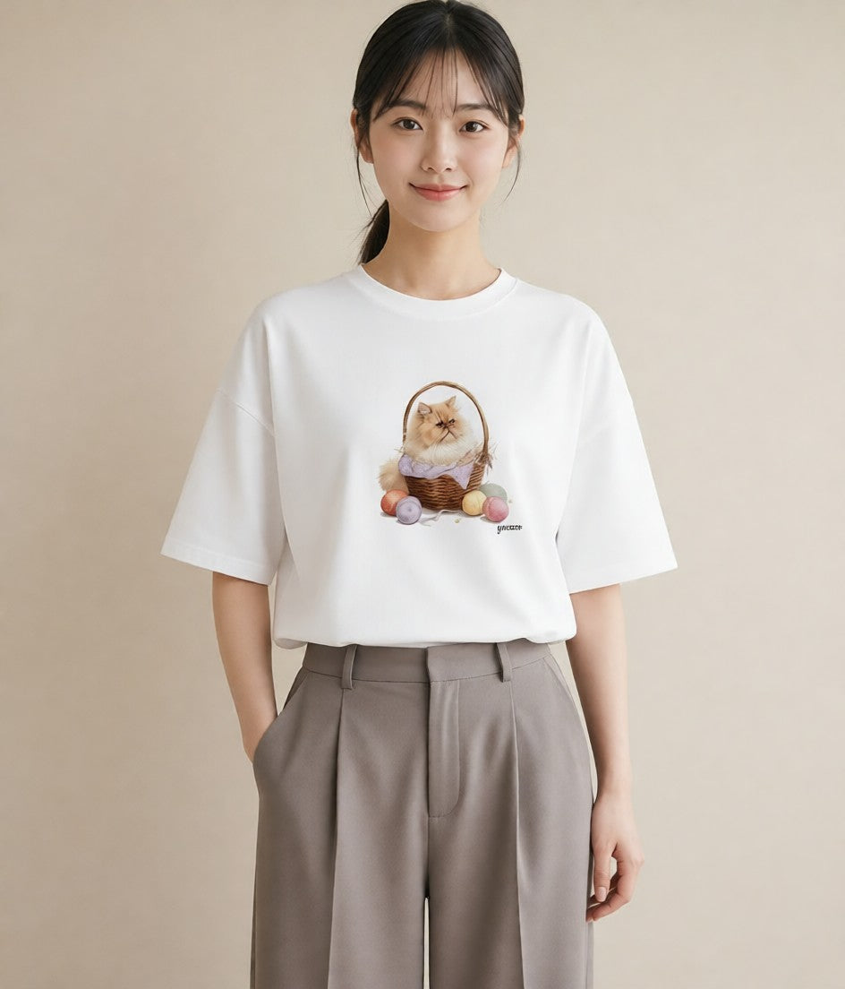デザインTシャツ レディース ペルシャ 猫 ねこ イラスト 個性的 送別ギフト 通勤 白T YMAZO