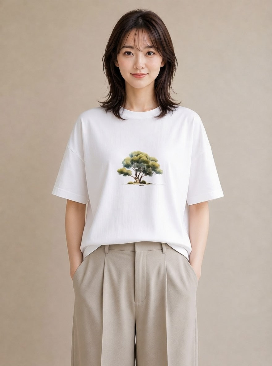 デザインTシャツ レディース 森 植物 ボタニカル イラスト カジュアル 買い物 夏コーデ 白T YMAZO