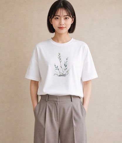 グラフィックTシャツ レディース 芝生 植物 ボタニカル イラスト 抜け感 おしゃれギフト 社会人 白T YMAZO