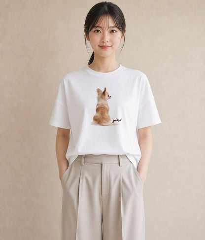 グラフィックTシャツ レディース ロングコートチワワ 犬 いぬ イラスト ミニマル 部屋着 女性向けギフト 白T YMAZO