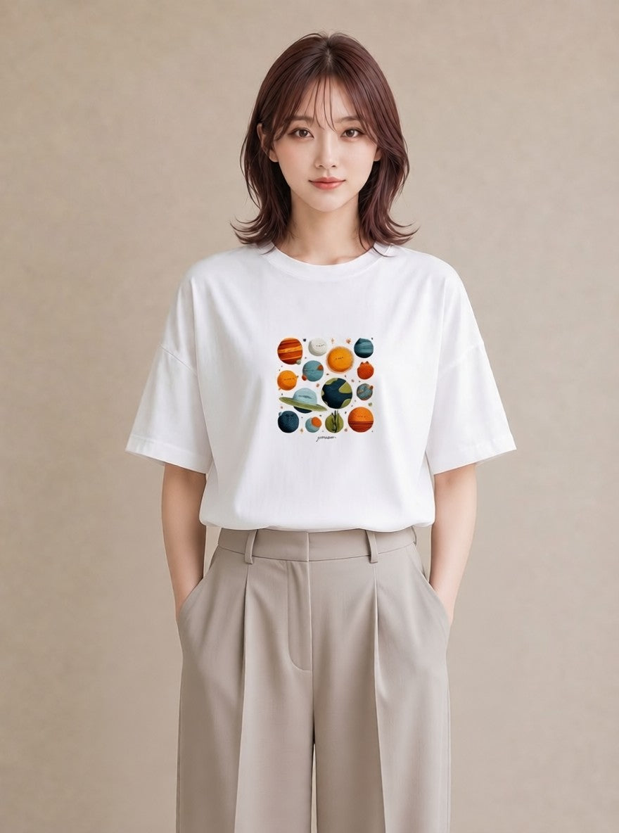 半袖Tシャツ レディース 惑星 星空 宇宙 イラスト ゆるかわ ビーチ デイリーウェア 白T YMAZO
