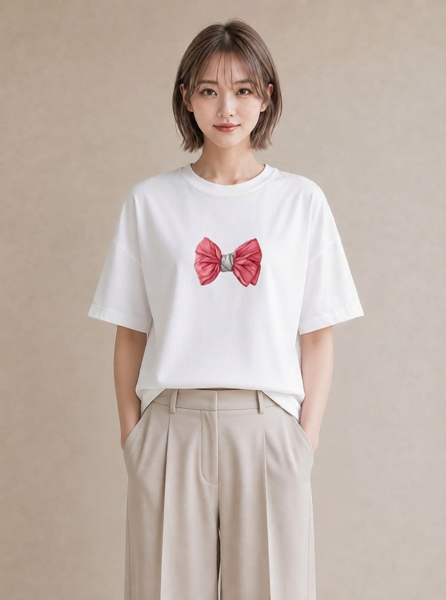 デザインTシャツ レディース リボン 蝶結び ナチュラル アンティーク イラスト 淡色 お揃い 親子 白T YMAZO