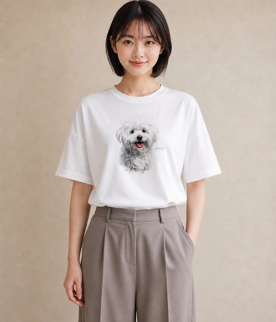 半袖Tシャツ レディース ビションフリーゼ 犬 いぬ イラスト ニュアンス 公園 ママ 白T YMAZO