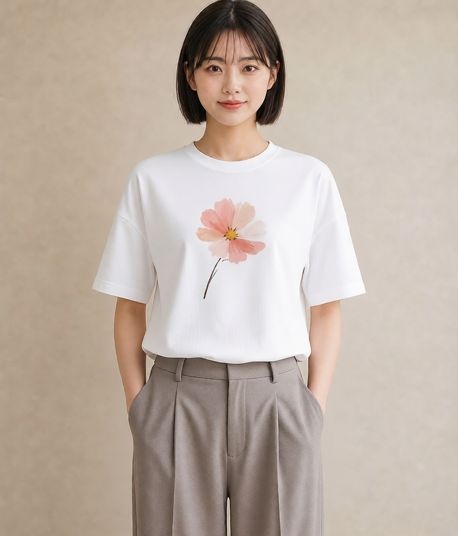 プリントTシャツ レディース ミモザ 花 花柄 イラスト ミニマル ペアコーデ 秋コーデ 白T