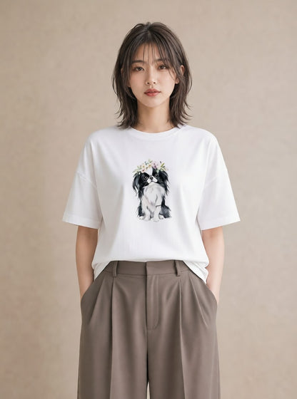 半袖Tシャツ レディース 狆 犬 いぬ イラスト フェミニン 春服 ミセス 白T YMAZO