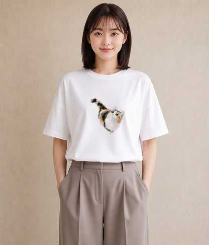 半袖Tシャツ レディース 茶トラ 茶猫 猫 ねこ イラスト 女性向けギフト 散歩 白T YMAZO