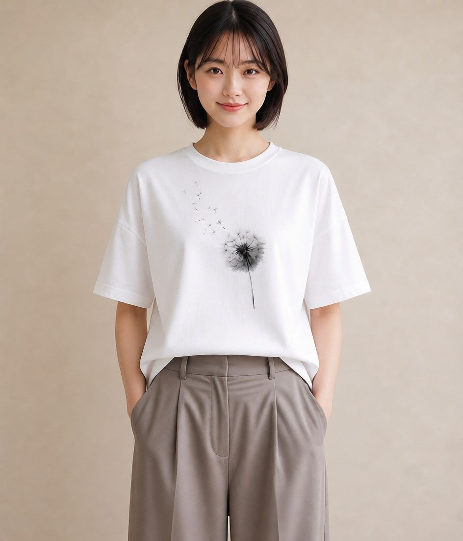 Tシャツ レディース たんぽぽ 花 花柄 イラスト ユニーク カフェ巡り 女子会 白T