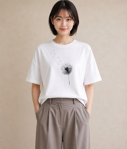 Tシャツ レディース たんぽぽ 花 花柄 イラスト ユニーク カフェ巡り 女子会 白T