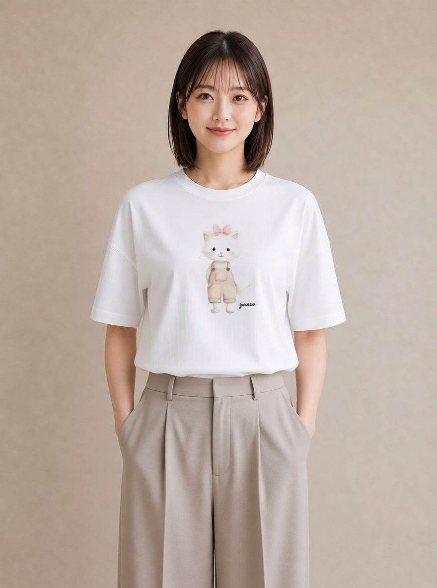 Tシャツ レディース 白猫 猫 ねこ イラスト 手描き風 デート 帰省 白T YMAZO