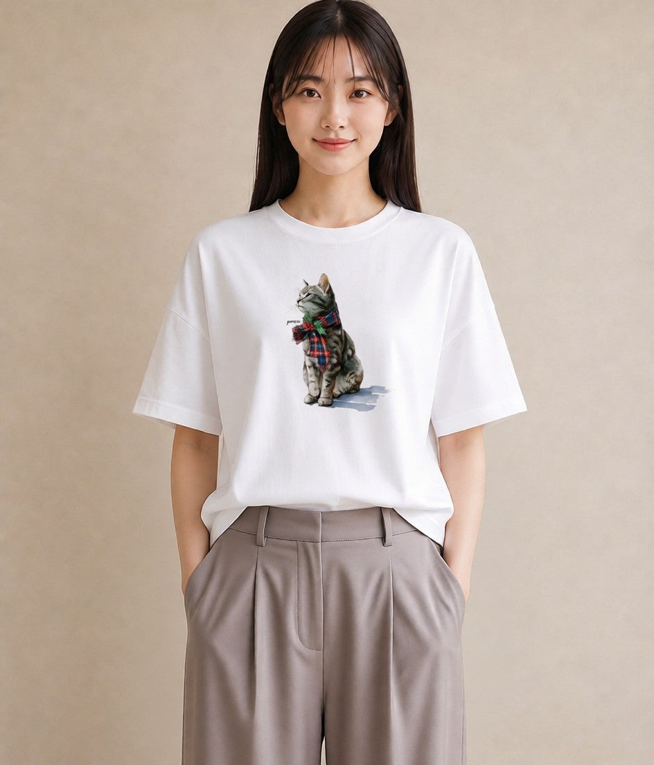 Tシャツ レディース サビ猫 猫 ねこ イラスト ガーリー カジュアルコーデ 買い物 白T YMAZO