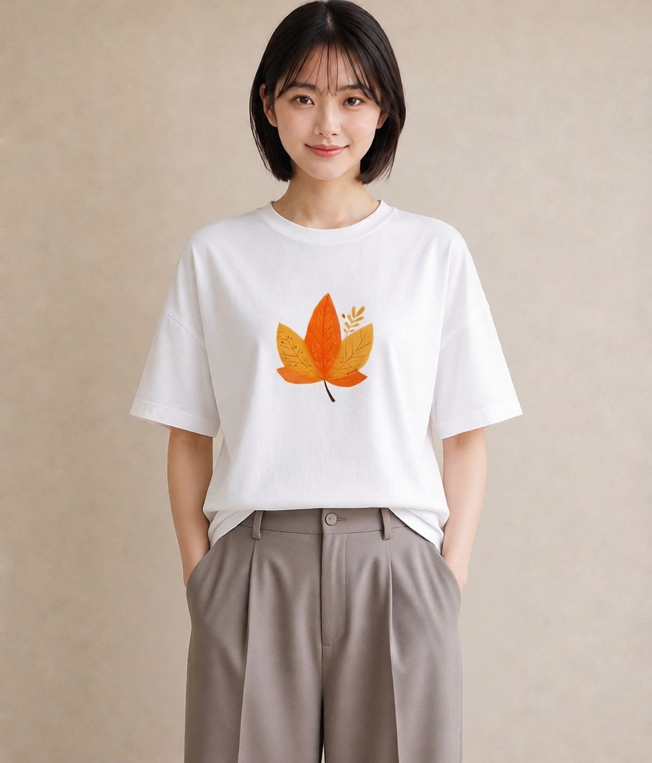 デザインTシャツ レディース 落ち葉 植物 ボタニカル イラスト 旅行コーデ 母娘コーデ 自分用 白T YMAZO