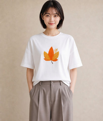 デザインTシャツ レディース 落ち葉 植物 ボタニカル イラスト 旅行コーデ 母娘コーデ 自分用 白T YMAZO