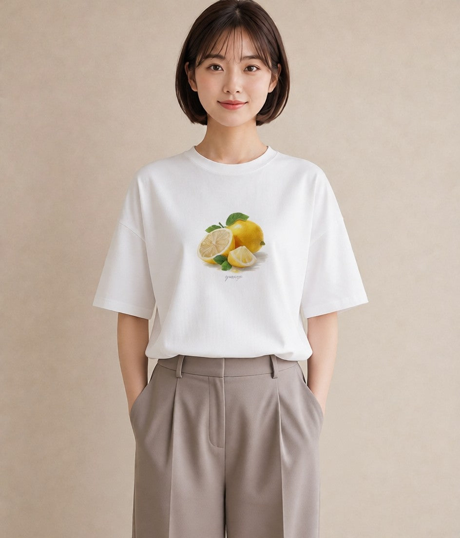 Tシャツ レディース レモン 檸檬 食べ物 フード イラスト 個性的 春服 ミセス 白T YMAZO