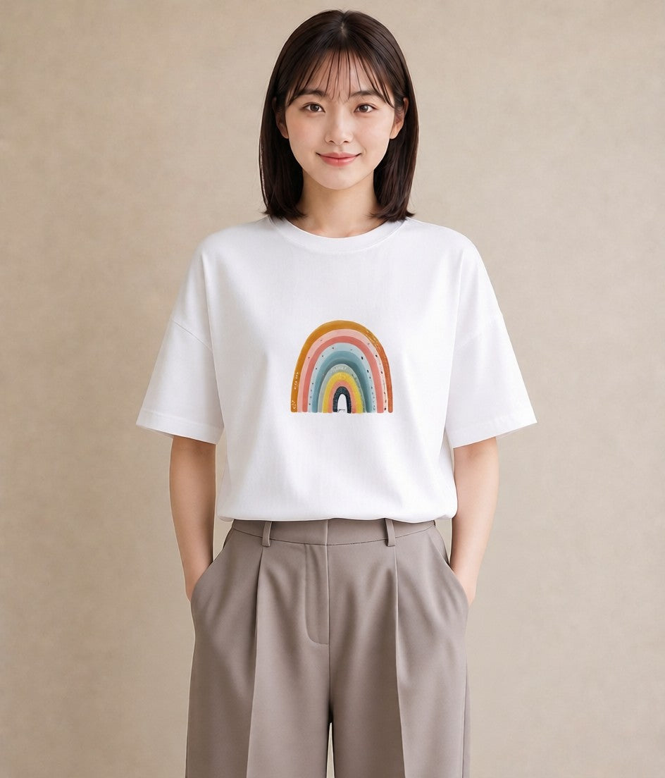 デザインTシャツ レディース 虹 星空 宇宙 イラスト 普段使い 女性向けギフト 散歩 白T YMAZO