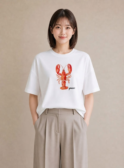 プリントTシャツ レディース カニ 海の生き物 海 イラスト 上品 お出かけ 普段着 白T YMAZO