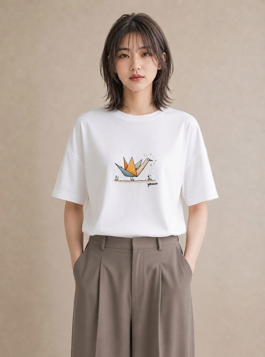 デザインTシャツ レディース 折り鶴 折り紙 ナチュラル アンティーク イラスト アート風 公園 ママ 白T YMAZO