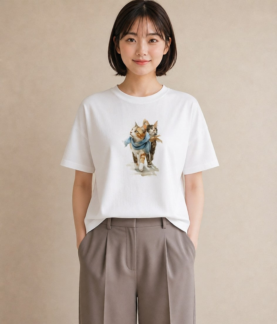 プリントTシャツ レディース ソマリ 猫 ねこ イラスト アート風 カフェ服 クリスマス 白T YMAZO
