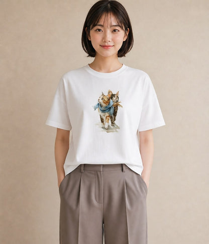 プリントTシャツ レディース ソマリ 猫 ねこ イラスト アート風 カフェ服 クリスマス 白T YMAZO