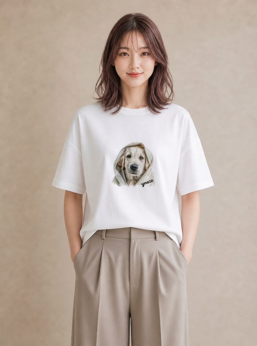 半袖Tシャツ レディース ゴールデンレトリバー ゴールデン 犬 いぬ イラスト きれいめカジュアル 買い物 夏コーデ 白T YMAZO