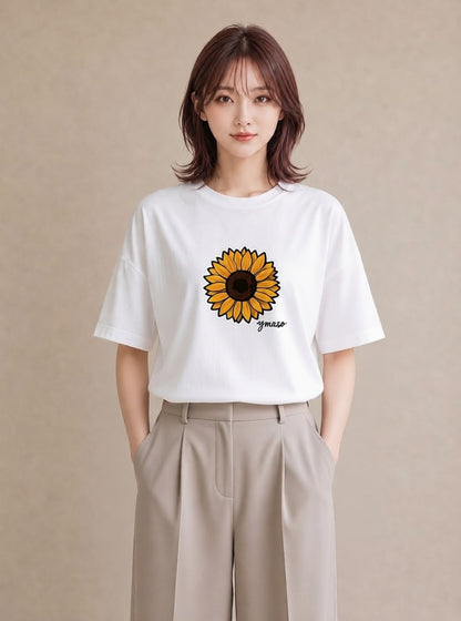 半袖Tシャツ レディース ひまわり 向日葵 花 花柄 イラスト ナチュラル 送別ギフト 通勤 白T YMAZO