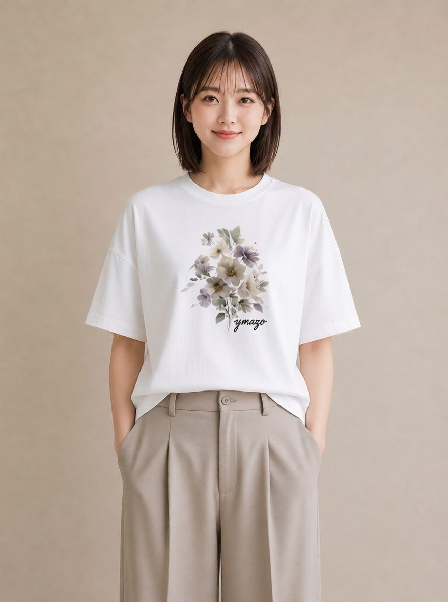 プリントTシャツ レディース 花 花柄 イラスト 買い物 夏コーデ 白T YMAZO