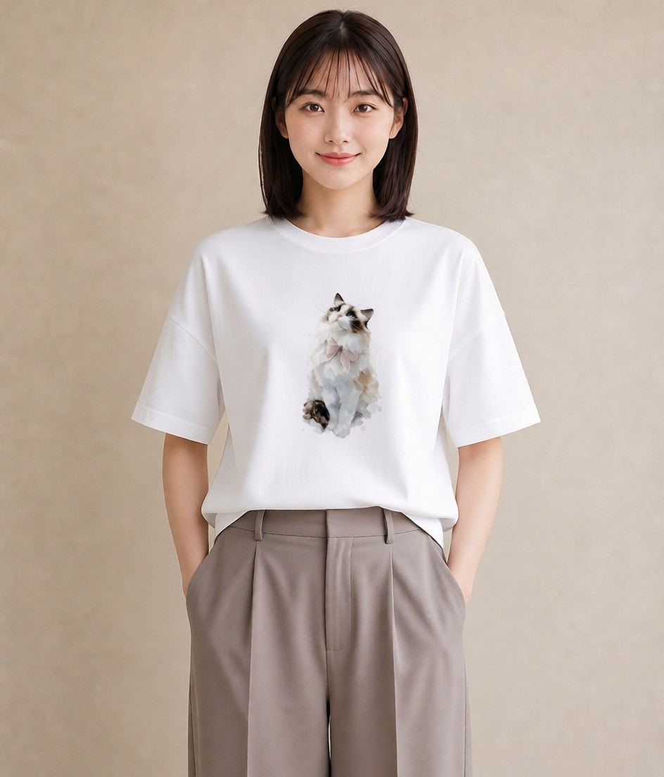 Tシャツ レディース 靴下猫 猫 ねこ イラスト カフェ巡り 女子会 白T YMAZO