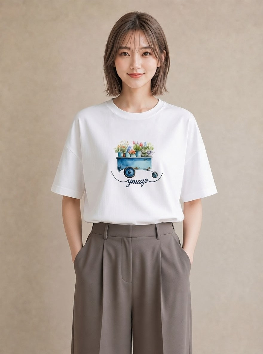 半袖Tシャツ レディース 自転車のかご 自転車 花かご ナチュラル アンティーク イラスト ボタニカル 20代 カジュアルコーデ 白T YMAZO