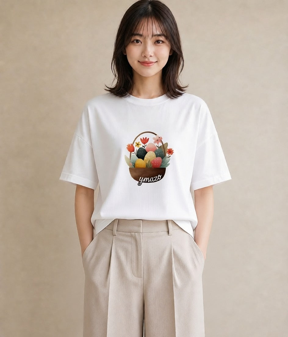 プリントTシャツ レディース 自転車のかご 自転車 花かご ナチュラル アンティーク イラスト 個性的 自分用 ルームウェア 白T YMAZO