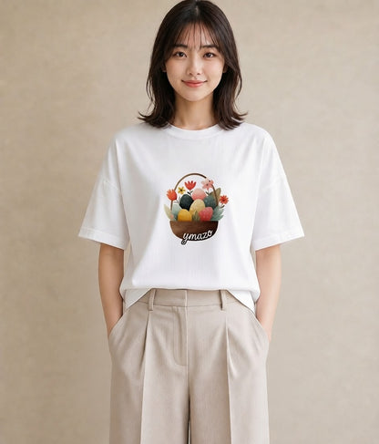 プリントTシャツ レディース 自転車のかご 自転車 花かご ナチュラル アンティーク イラスト 個性的 自分用 ルームウェア 白T YMAZO