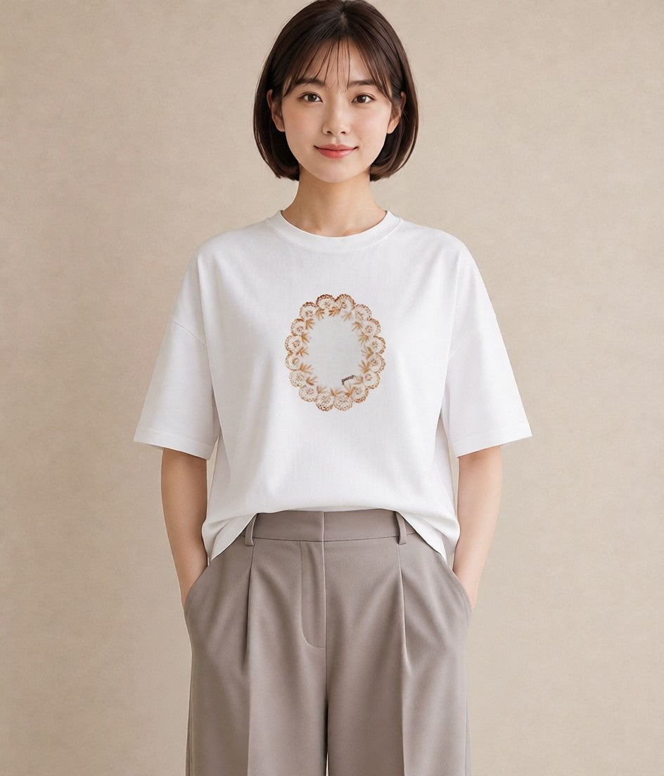 半袖Tシャツ レディース レースハンカチ レース ハンカチ ナチュラル アンティーク イラスト ユニーク ペアコーデ 秋コーデ 白T YMAZO