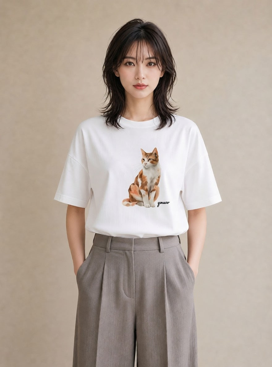 グラフィックTシャツ レディース スコティッシュフォールド 猫 ねこ イラスト シンプル 送別ギフト 通勤 白T YMAZO