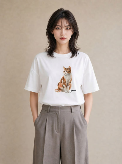 グラフィックTシャツ レディース スコティッシュフォールド 猫 ねこ イラスト シンプル 送別ギフト 通勤 白T YMAZO
