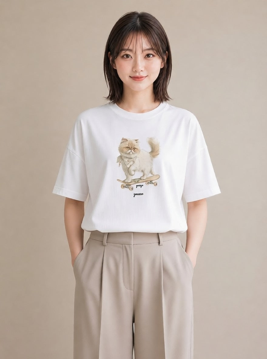 デザインTシャツ レディース エキゾチックショートヘア 猫 ねこ イラスト シンプル 通勤 在宅 白T YMAZO