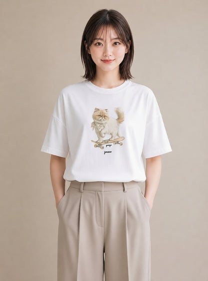 デザインTシャツ レディース エキゾチックショートヘア 猫 ねこ イラスト シンプル 通勤 在宅 白T YMAZO