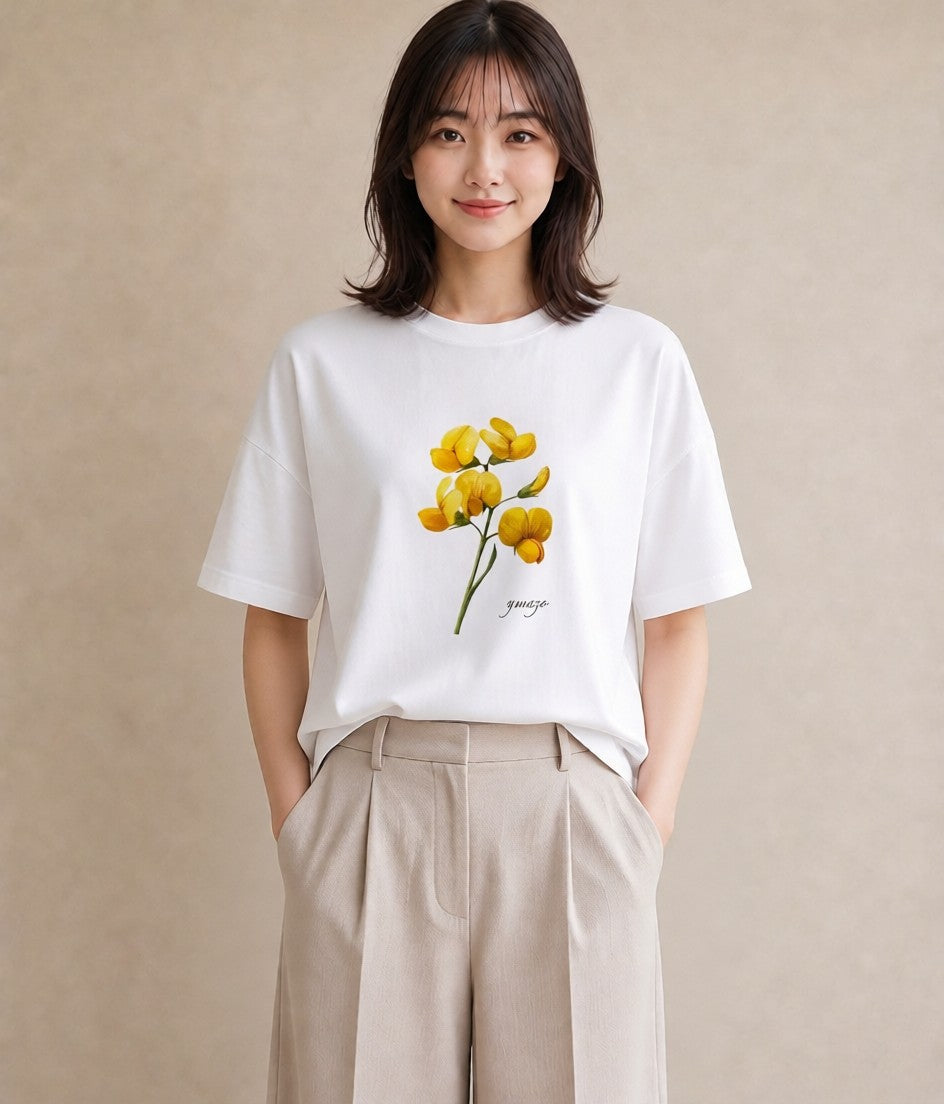 デザインTシャツ レディース ミモザ 花 花柄 イラスト こなれ感 誕生日プレゼント 綿100 白T YMAZO