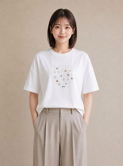 プリントTシャツ レディース スター 星空 宇宙 イラスト カジュアル 帰省 ラフ 白T YMAZO