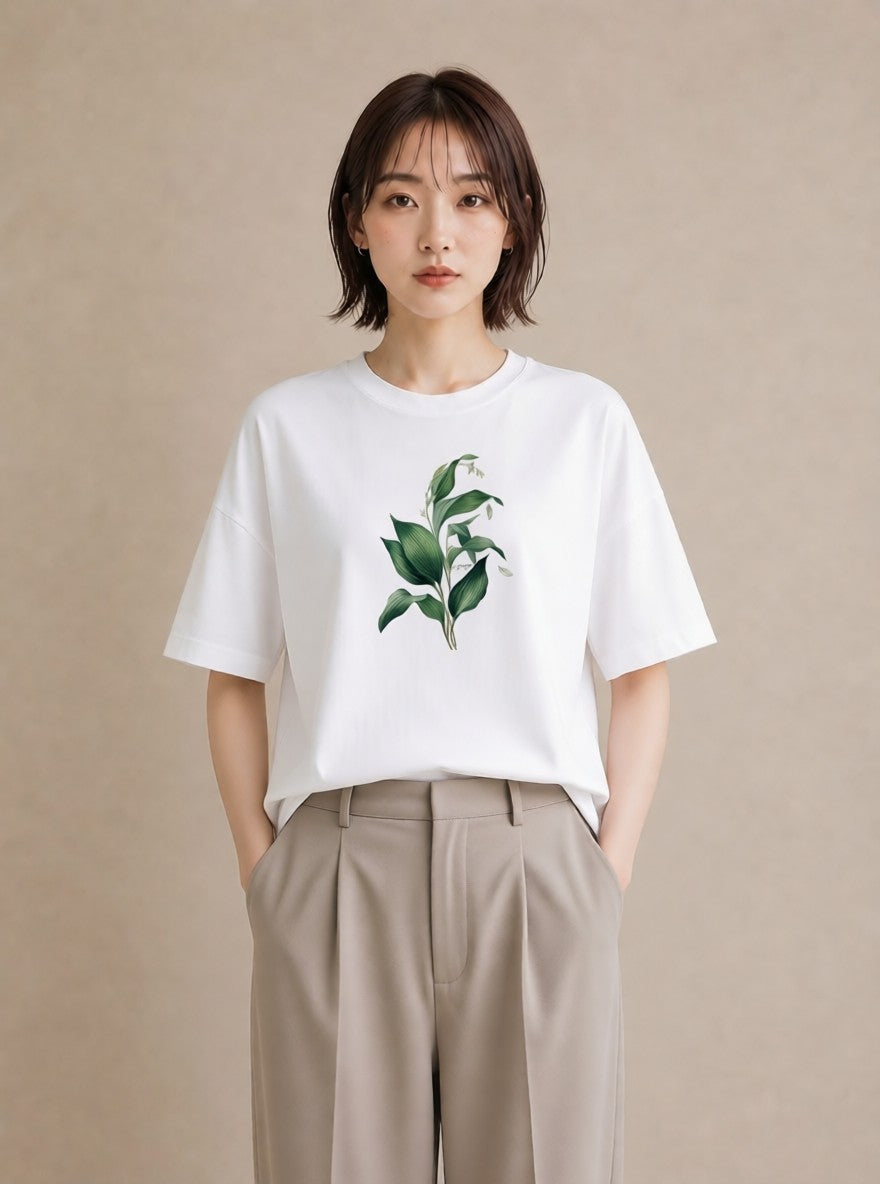 半袖Tシャツ レディース すずらん 花 花柄 イラスト レトロ 帰省 ラフ 白T YMAZO