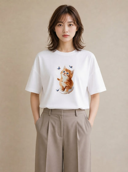 半袖Tシャツ レディース ソマリ 猫 ねこ イラスト フェミニン 女子会 お揃い 白T YMAZO