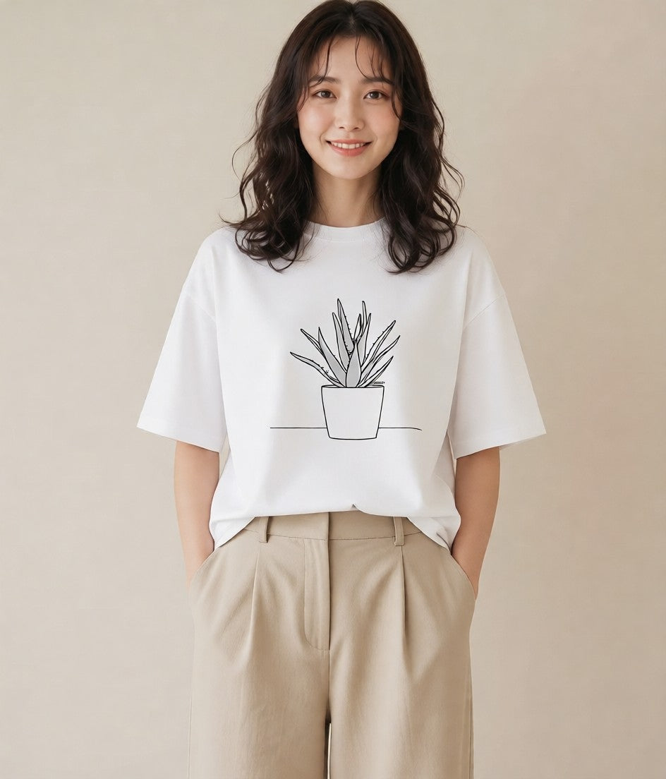 グラフィックTシャツ レディース 観葉植物 ボタニカル 植物 イラスト きれいめ ママ カフェ服 白T YMAZO