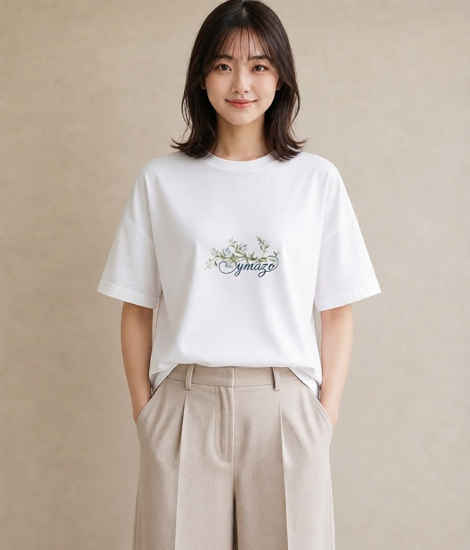 半袖Tシャツ レディース つる 植物 ボタニカル イラスト ミニマル 綿100 デート 白T YMAZO