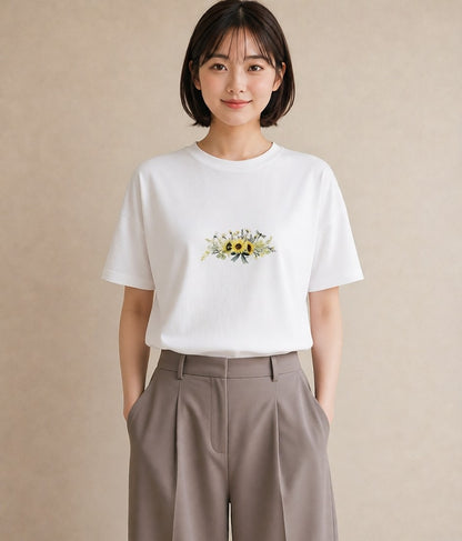 Tシャツ レディース ひまわり 向日葵 花 花柄 イラスト 可愛い 公園 ママ 白T YMAZO