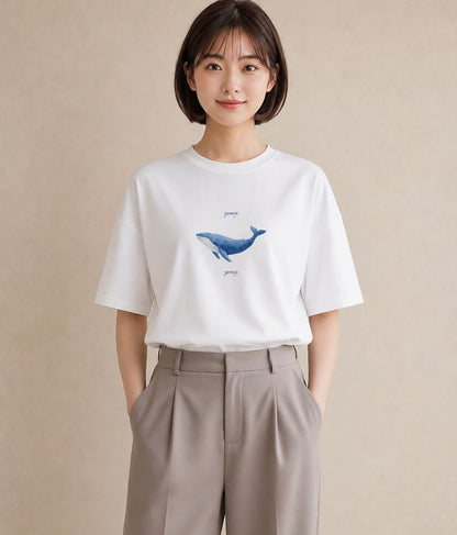 プリントTシャツ レディース ジンベエザメ 海の生き物 海 イラスト ゆるコーデ ペアコーデ 秋コーデ 白T YMAZO