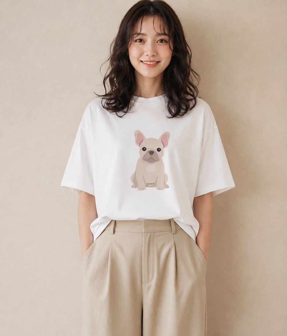 Tシャツ レディース フレンチブルドッグ フレブル 犬 いぬ イラスト 可愛い ペアコーデ 秋コーデ 白T YMAZO