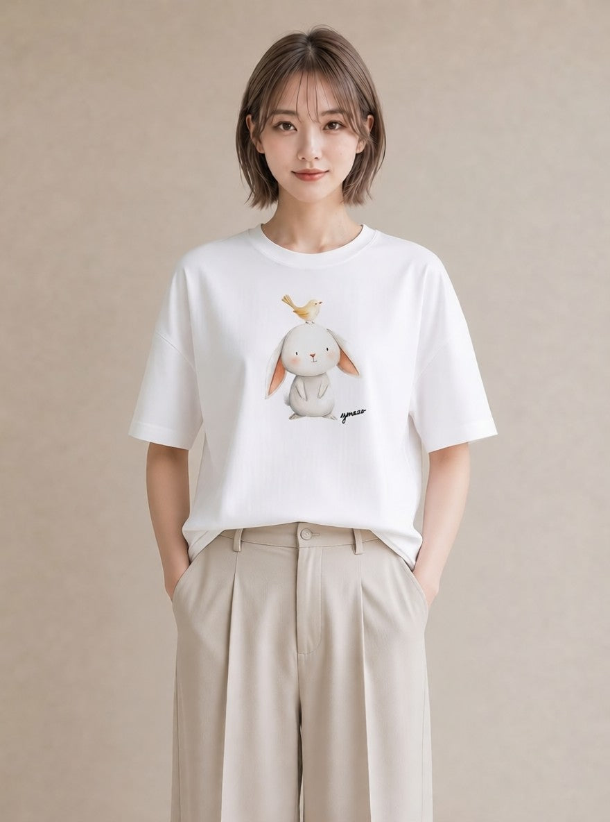 半袖Tシャツ レディース ミニうさぎ ペット 動物 イラスト 北欧風 週末コーデ 敬老の日 白T YMAZO